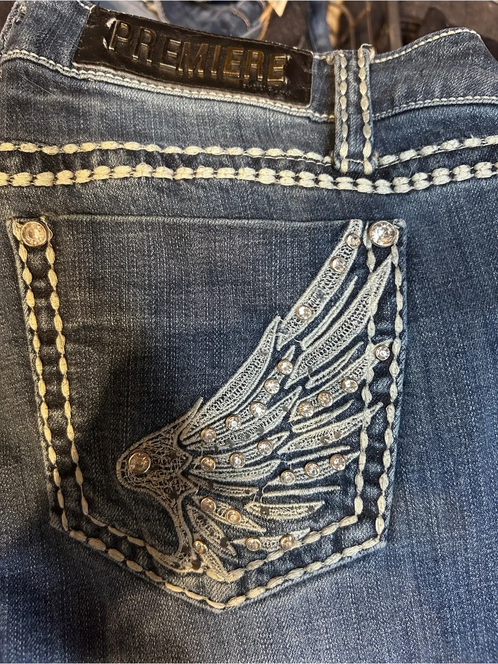 Premier Women's Dark Blue Skinny Jeans with Embroidered Wing Pocket